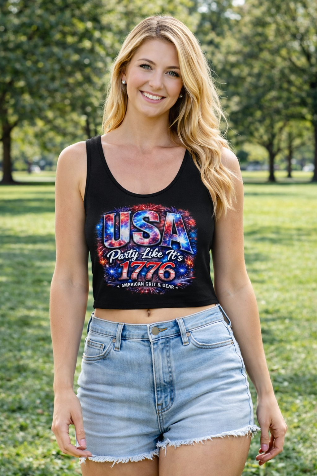 USA Party Like It’s 1776 Crop Top – Black / Silver - Image 2