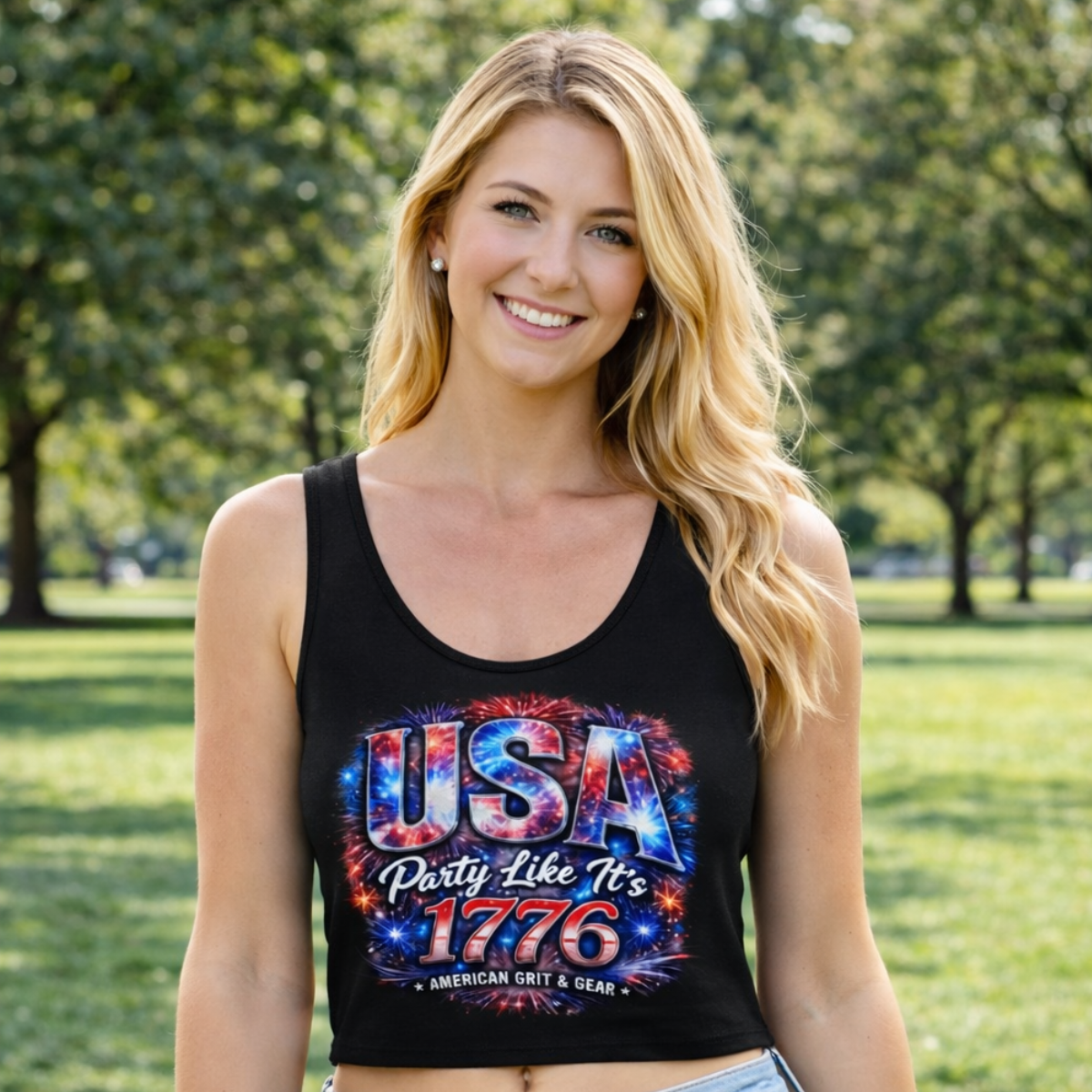 USA Party Like It’s 1776 Crop Top – Black / Silver