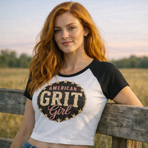 American Grit Girl Raglan Baby Tee | Women’s Fitted Patriotic T-Shirt | American Grit & Gear