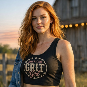 American Grit Girl | Patriotic Women’s Black Crop Top | American Grit & Gear